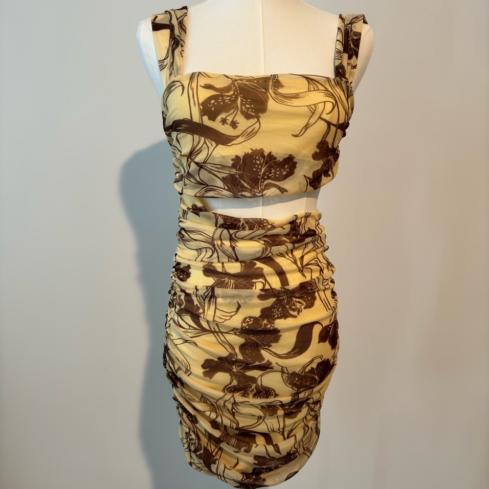 Zara Floral Print Ruched Skirt - Cream and Brown Size M NWT - Picture 6 of 10